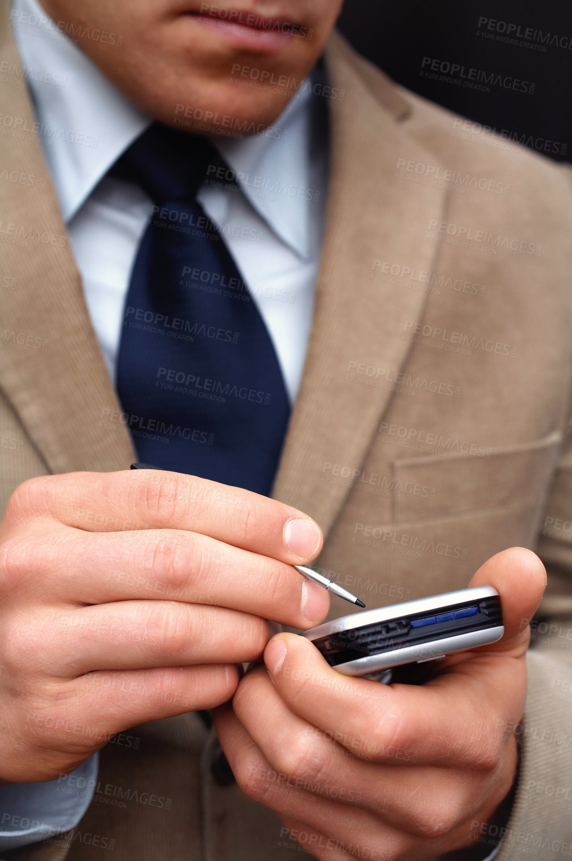 Buy stock photo Closeup, businessman and hand for phone for online calendar, emails or messages. Person, corporate or professional with mobile app for connection of meetings, schedule and communication with staff