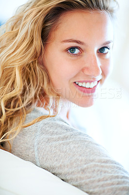 Buy stock photo Portrait, smile and natural beauty of woman in home for dermatology or cosmetic. Face, happy blonde girl and skincare of person, aesthetic or facial glow, health or wellness to relax on sofa in house