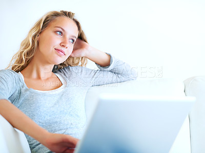 Buy stock photo Thinking, laptop and woman on sofa for remote work, planning or dream. Computer, idea and freelance person in living room, decision making or strategy for project, problem solving or solution in home