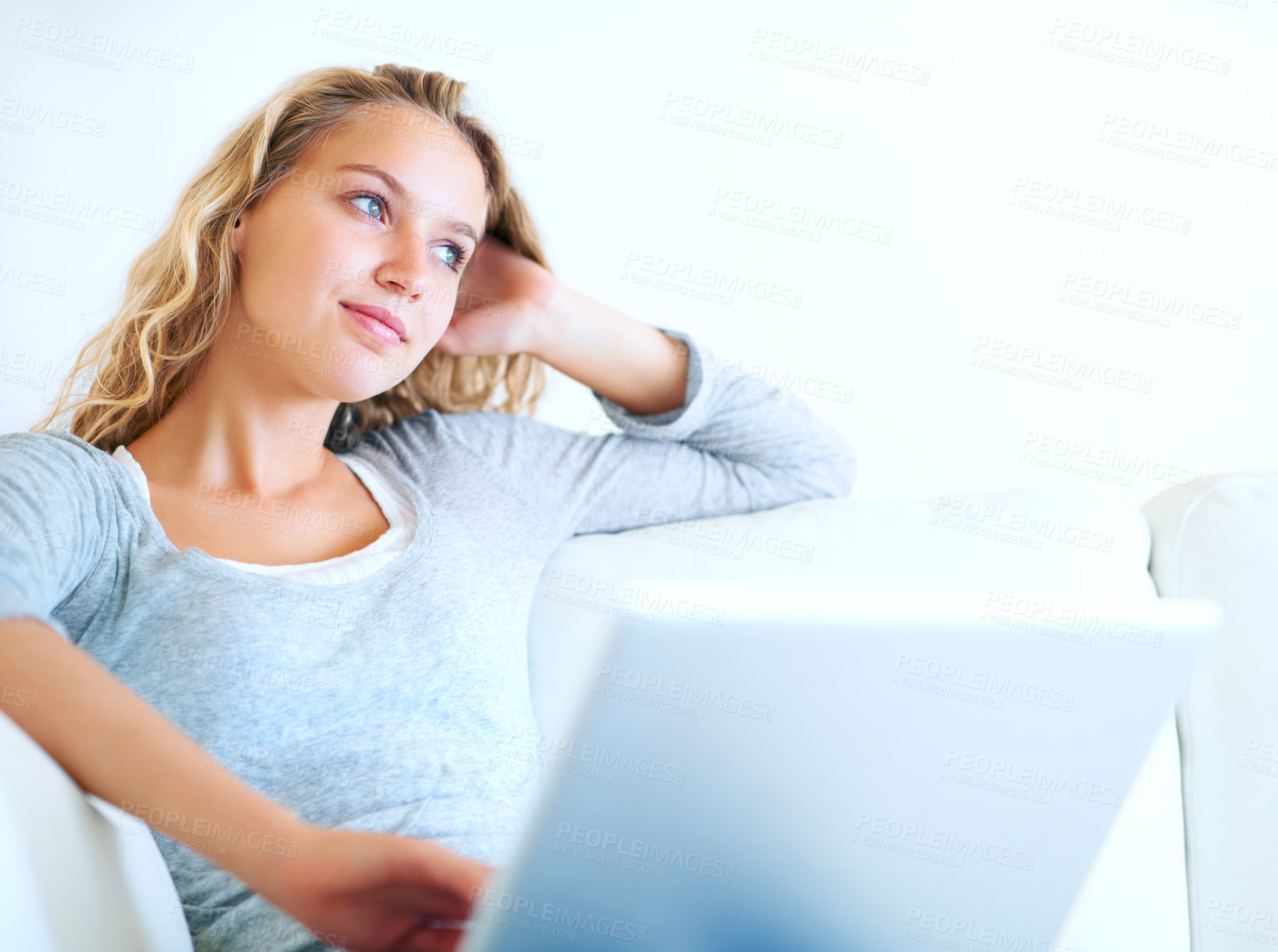Buy stock photo Thinking, laptop and woman on sofa for remote work, planning or dream. Computer, idea and freelance person in living room, decision making or strategy for project, problem solving or solution in home