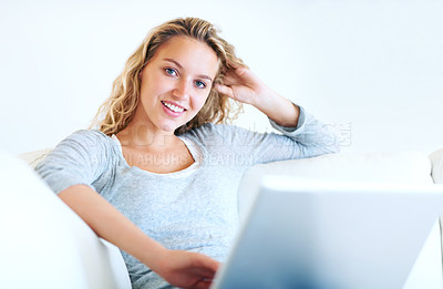 Buy stock photo Laptop, portrait and smile of woman on sofa in home, email and networking. Computer, happy person and face of girl in living room on social media, website and online communication on tech to relax