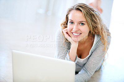 Buy stock photo Laptop, portrait and happy woman on floor in home, email and internet for remote work. Computer, smile and girl, person or freelancer on social media, website or online communication on tech to relax