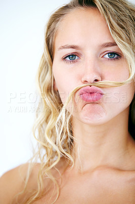 Buy stock photo Woman, portrait and hair mustache for fun mood, scold finger or funny personality. Female person, face and humor kiss on white studio background for confident playful attitude, point or comedy joke