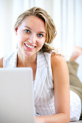 Buy stock photo Portrait, laptop and smile of woman in home on floor for networking, typing email and relax. Computer, happy face and girl on internet, search and communication on social media, website and online
