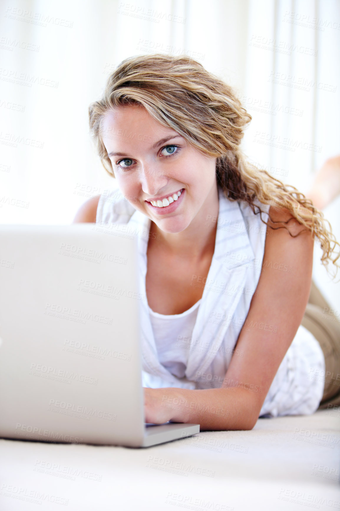 Buy stock photo Laptop, portrait and happy woman in house on floor, typing email and remote work. Computer, smile and face of person on social media, website and online communication on digital technology to relax