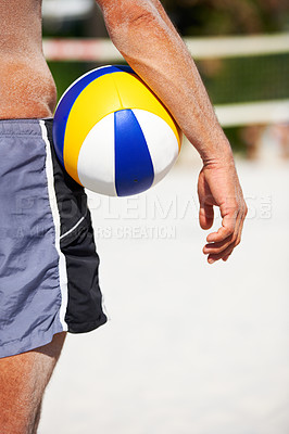 Buy stock photo Beach volleyball, hands and sports person with ball for outdoor game, competition or tournament challenge. Practice, nature sand and closeup athlete ready for fitness,  exercise or training workout