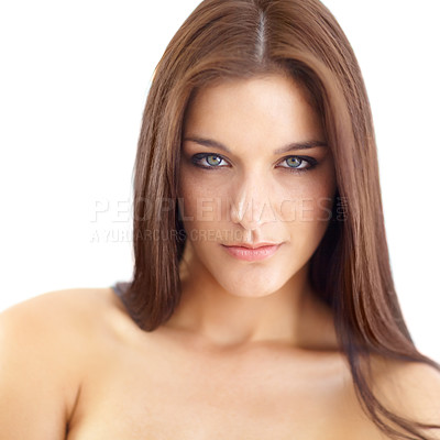 Buy stock photo Portrait, skincare and makeup with a woman in studio isolated on a white background for natural beauty or cosmetics. Face, skin and wellness with a young model looking confident in aesthetic care