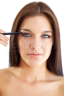 Buy stock photo Portrait, woman or eyeshadow brush for beauty, makeup and skincare, cosmetics and application in studio on white background. Self care, person or product for eye glow, routine and aesthetic on mockup