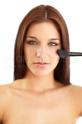 Buy stock photo Beauty, woman and makeup brush for glow and skincare, cosmetics and salon in studio on white background. Self care, person and product for tools, routine and aesthetic, portrait or luxury