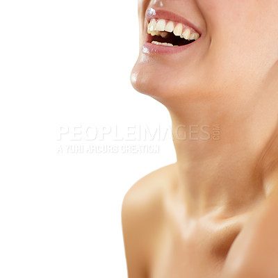 Buy stock photo Smile, dental teeth and beauty of woman in studio isolated on a white background mockup space. Mouth, closeup and funny model laugh, healthy tooth and natural gums, skin wellness and orthodontics