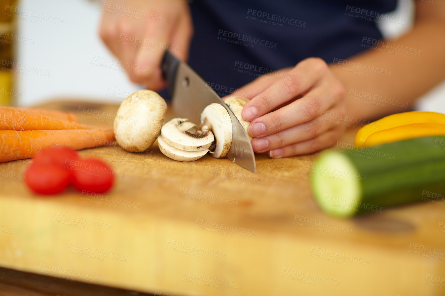 Buy stock photo Chef hands, knife and vegetables on chopping board, cooking and preparation at home. Closeup of woman cutting mushrooms in kitchen, organic salad and food for healthy vegan diet, nutrition and dinner