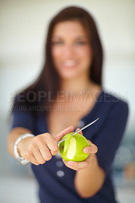 Buy stock photo Hands, knife and woman peeling apple for food, eating organic vegan snack and vitamin c. Closeup, cutting skin on fruit and person slice for healthy diet, natural benefits and wellness or nutrition