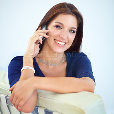 Buy stock photo Happy woman, portrait and phone call talking in relax for conversation, communication or networking at home. Attractive female person smile and speaking on mobile smartphone for discussion at house