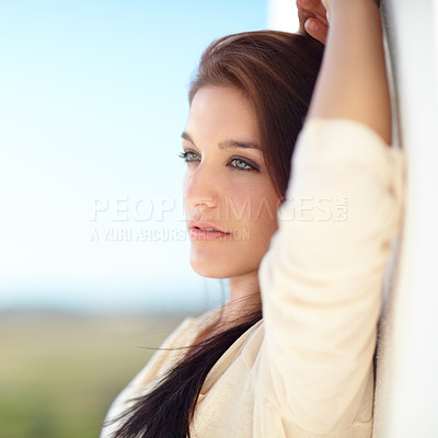 Buy stock photo Fashion, thinking and young woman with beauty in an outdoor space for attractive, sensual and sexy pose. Stylish, serious and confident young female model from Australia with hot and edgy style.