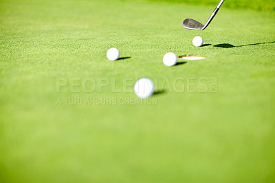 Buy stock photo Sports, golf ball and club for practice on field for match, competition or game in summer tournament. Tee time, recreation hobby and equipment for player on course, driving range or grass on turf