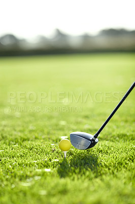 Buy stock photo Sports, golf ball and tee for practice on field for motivation for challenge, target and hole. Course, equipment and ready for swing of club with aim, shot or hit for winning of tournament on field