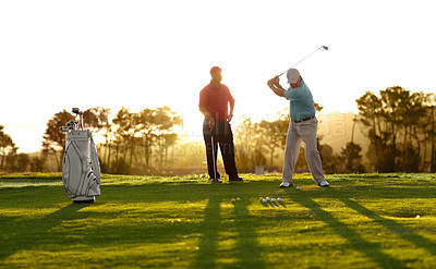 Buy stock photo Morning, golf and men on a course for training, competition or professional game. Fitness, summer and friends on the grass golfing during retirement for holiday, hobby and recreation at a club