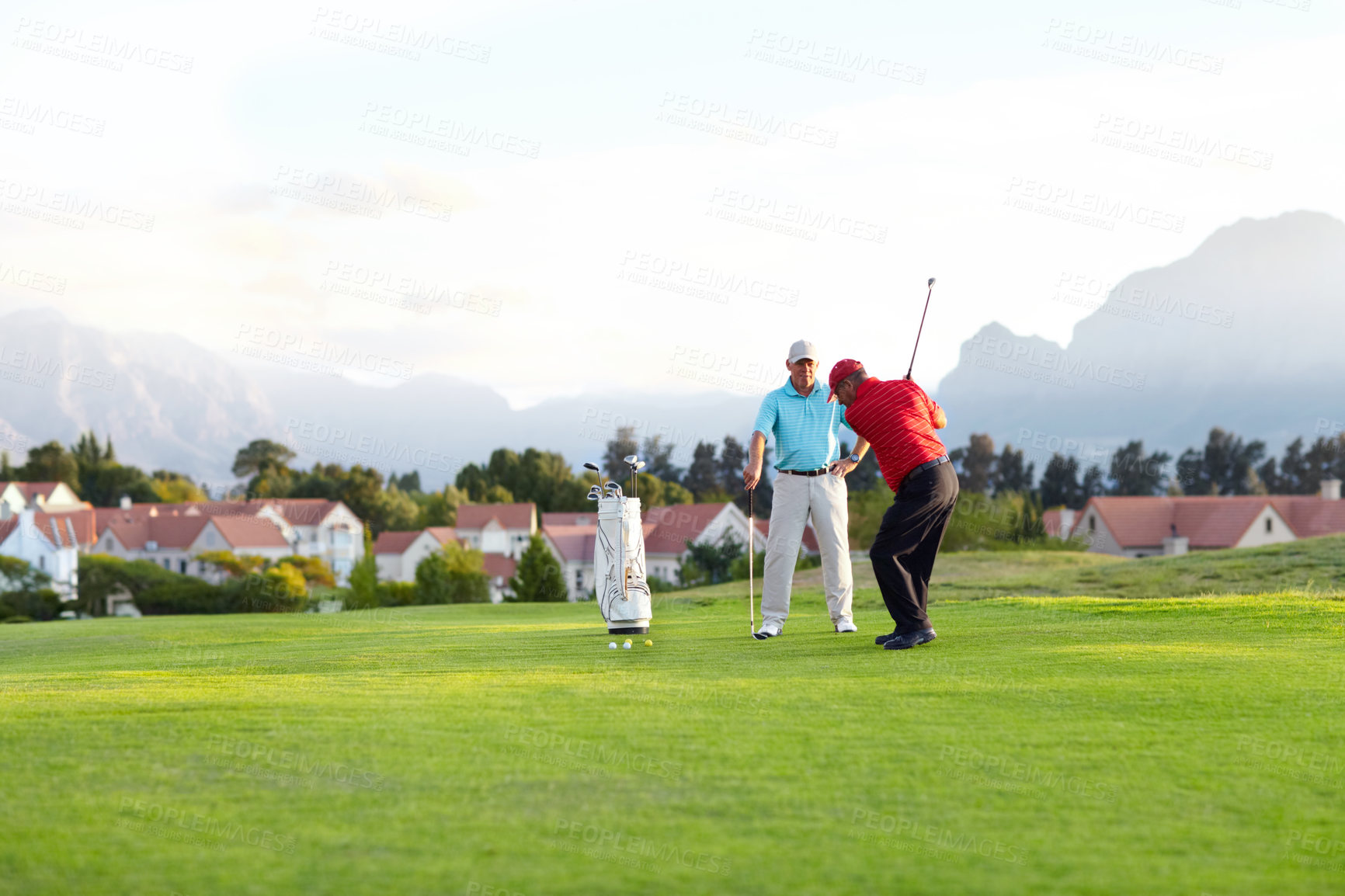 Buy stock photo Golf course, stroke and training on the course, field or men in professional, golfer sports club and exercise on the grass. Friends, businessman or healthy game or competition on the green turf