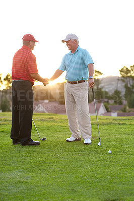 Buy stock photo Golf, man and shaking hands with smile on course after game, match or training on field. Mature player, happy and enjoyment of competition handshake with friend for exercise, wellness or challenge