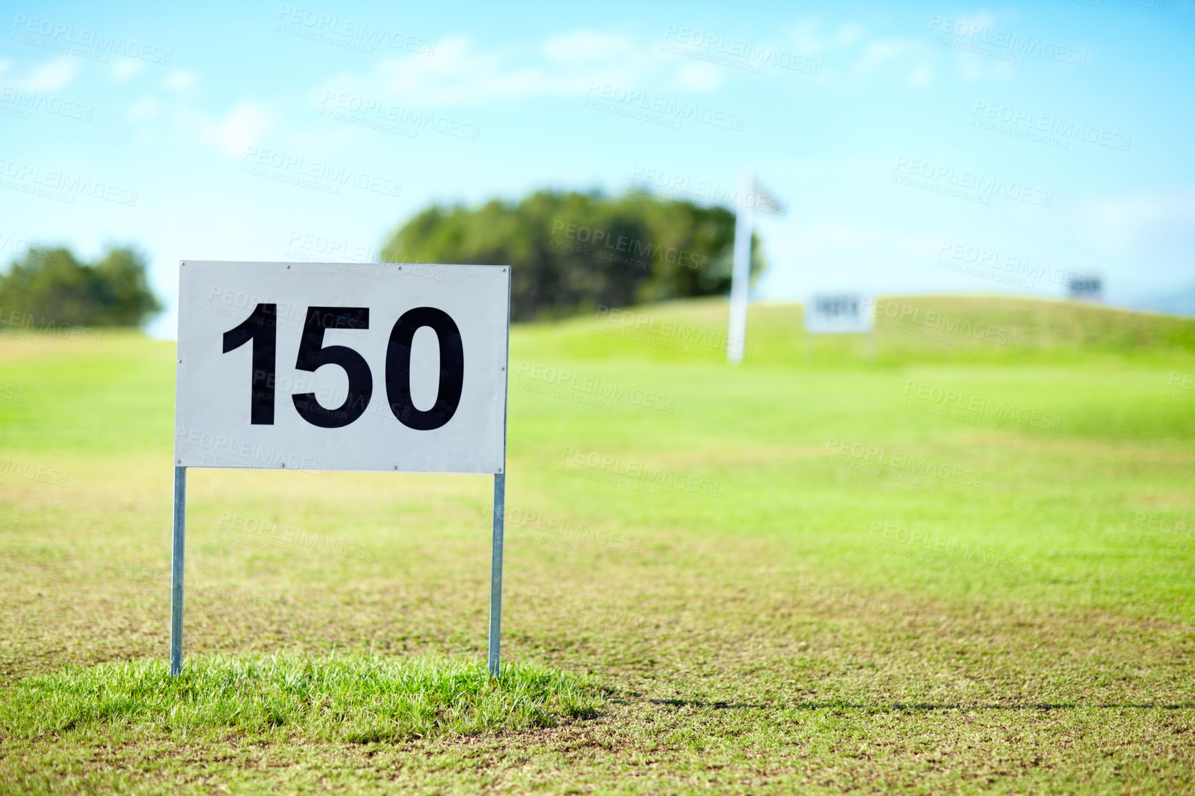 Buy stock photo Golf course, sports and number with board for sign on driving range in summer for tournament. Lawn, grass and green for game or professional match, hobby and fun at club for relaxing activity