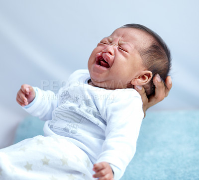 Buy stock photo Newborn, crying and cleft palate with parent, mom and home with tears, sick and frustrated. Medical child, syndrome and house bedroom for healthcare, childcare and mouth for baby, pain and sadness