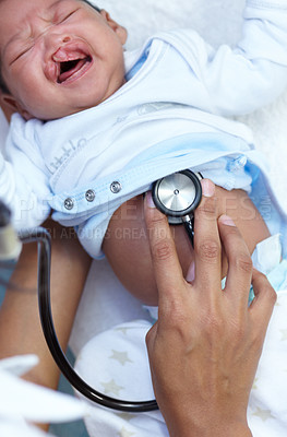 Buy stock photo Stethoscope, cleft palate and baby in medical exam and crying in a newborn hospital or clinic for healthcare. Doctor, pediatrician and infant child get cardiology test or check for care and health