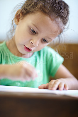 Buy stock photo Drawing, student and girl with education, classroom and creativity with ideas, learning and thinking. Person, child and kid with a notebook, study and inspiration with art, school and productivity