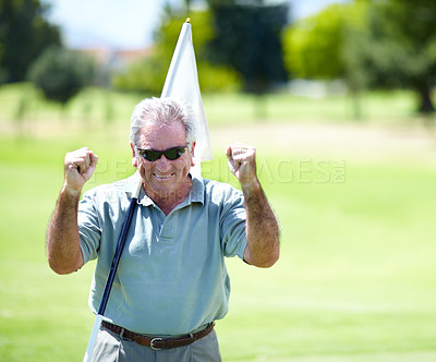 Buy stock photo Senior man, flag or golfer with success in a workout winning with birdie success on a golf course. Fists, golfing celebration or happy mature player training in sports game smiling in retirement 