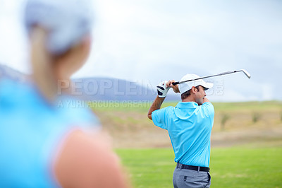 Buy stock photo Drive, man or golfer playing golf for fitness, workout or exercise to swing or drive on green course. Woman blur, person golfing or athlete training in action or sports game driving with club stroke
