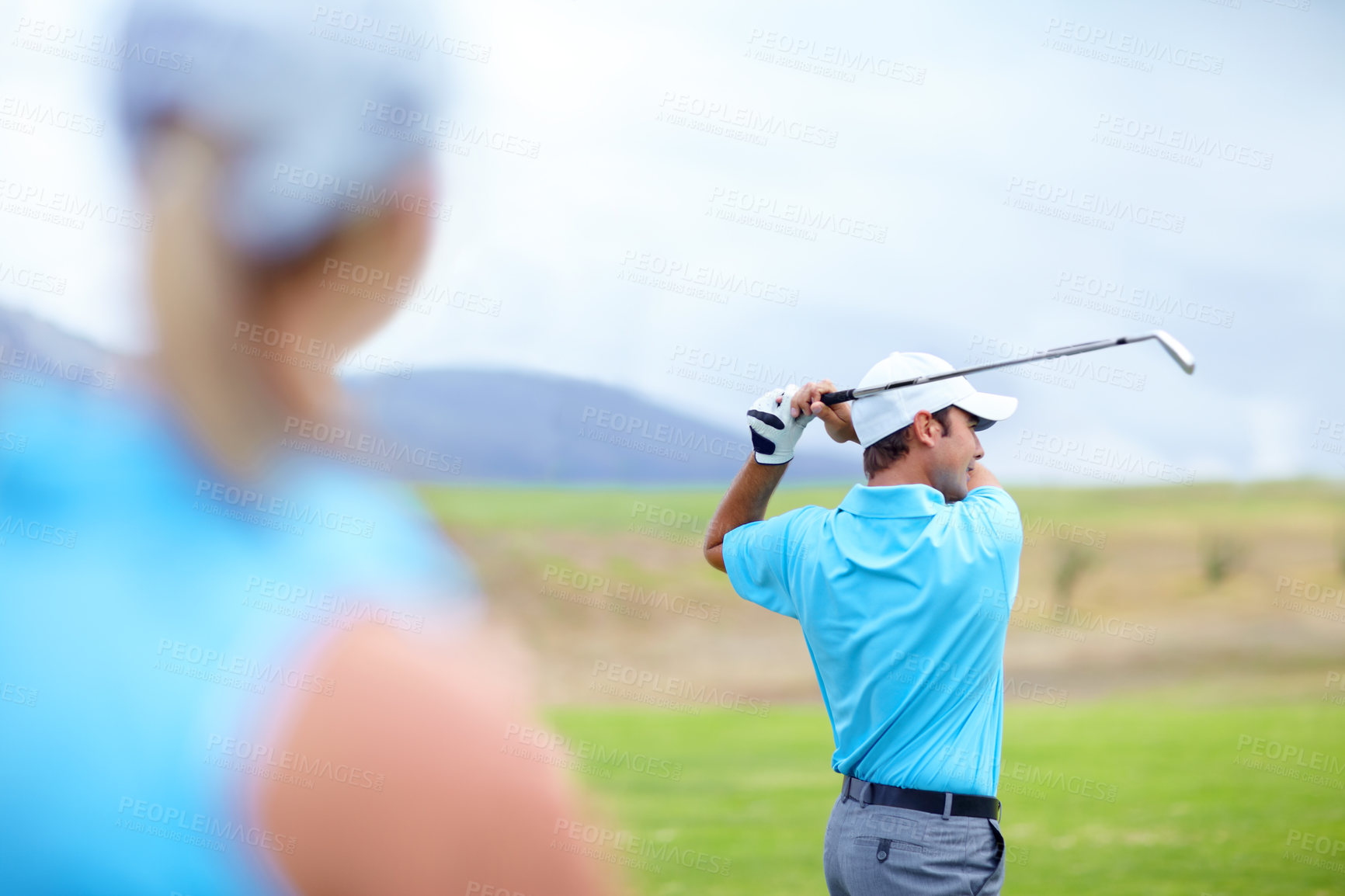 Buy stock photo Drive, man or golfer playing golf for fitness, workout or exercise to swing or drive on green course. Woman blur, person golfing or athlete training in action or sports game driving with club stroke