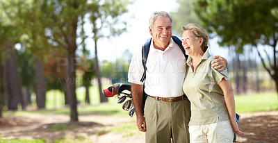 Buy stock photo Happy old couple, hug or portrait of golfers in fitness workout, exercise or round on course or field. Embrace, elderly man hugging, laughing or smiling in golfing sports game with funny senior woman