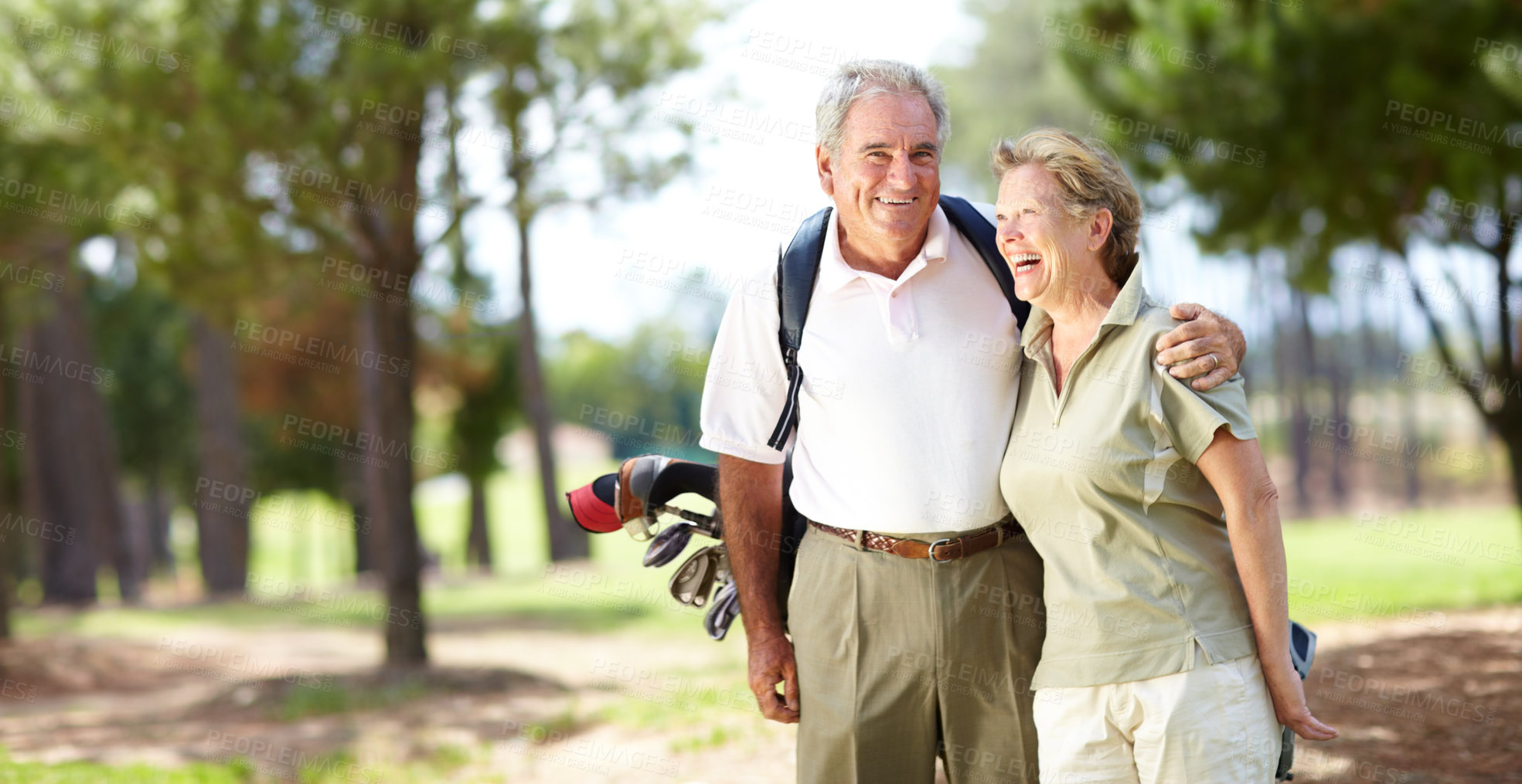 Buy stock photo Happy old couple, hug or portrait of golfers in fitness workout, exercise or round on course or field. Embrace, elderly man hugging, laughing or smiling in golfing sports game with funny senior woman