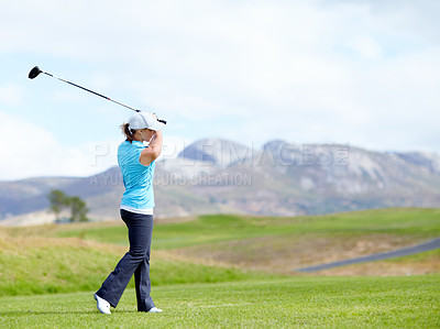 Buy stock photo Driver, girl or golfer playing golf for fitness, workout or exercise with a swing on a green course. Wellness, woman golfing or athlete training in action or sports game driving with a club stroke 