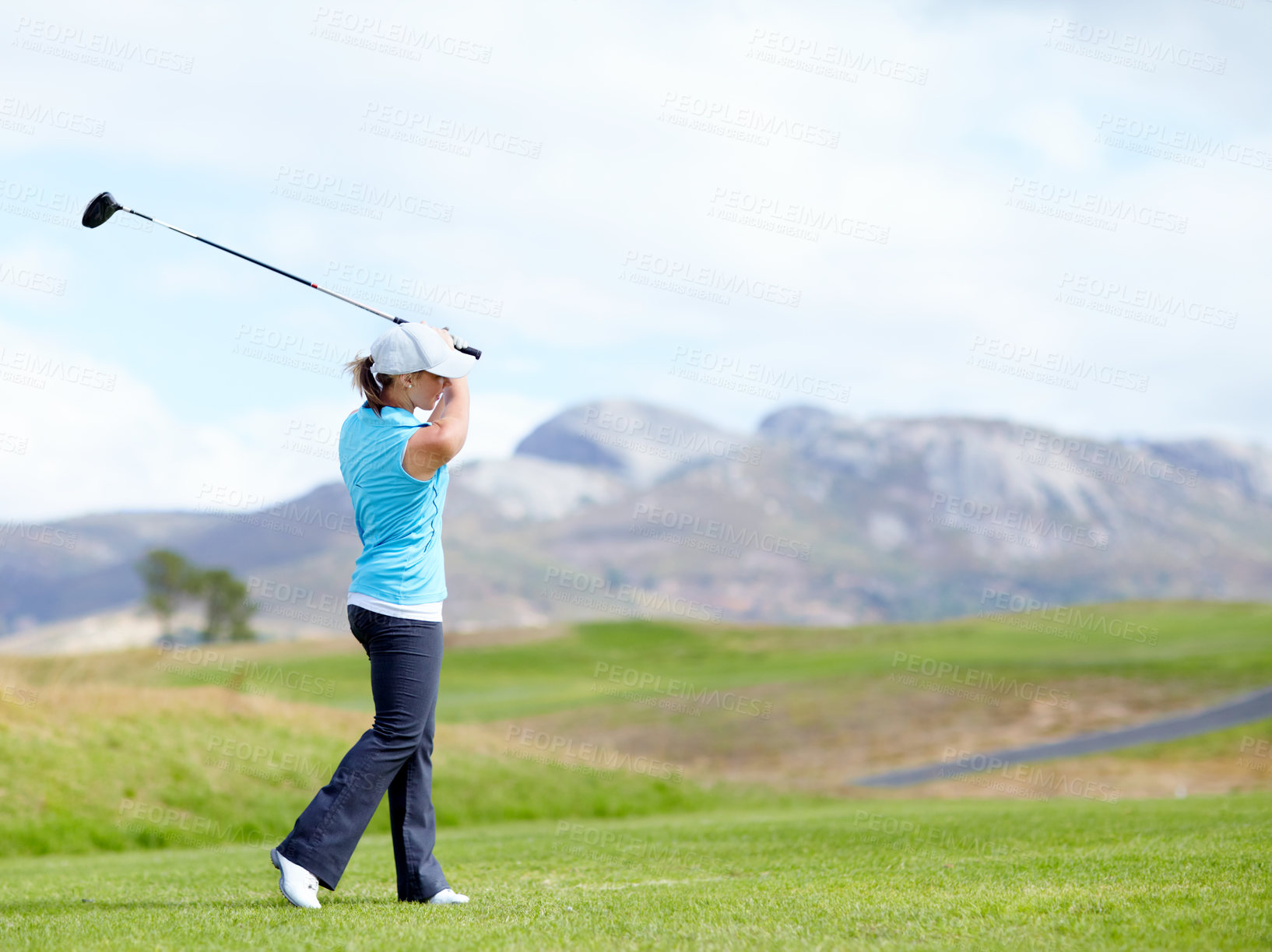 Buy stock photo Driver, girl or golfer playing golf for fitness, workout or exercise with a swing on a green course. Wellness, woman golfing or athlete training in action or sports game driving with a club stroke 