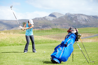 Buy stock photo Driver, woman or golfer playing golf for fitness, workout or exercise with a swing on a green course. Wellness, girl golfing or athlete training in action or sports game driving with a club stroke