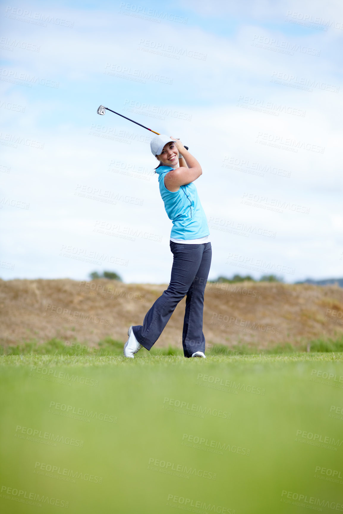 Buy stock photo Portrait, happy woman or swing playing golf for fitness, workout or exercise on course or grass. Smile, girl golfing or golfer training in action or sports game driving with a club stroke on field