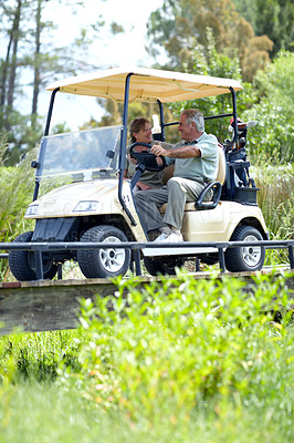 Buy stock photo Golf cart, old couple or happy golfers driving on course in fitness workout or exercise while talking together. Mature man driver, senior woman golfing or people training in sports game in retirement