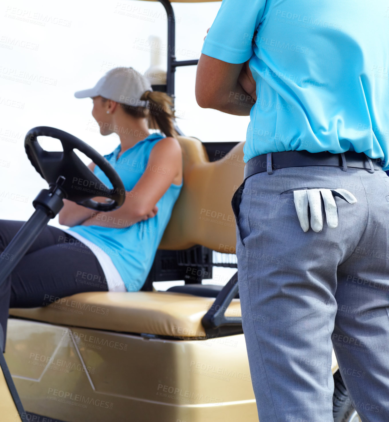 Buy stock photo Golf cart, sports or golfers on course for fitness, workout or exercise with teamwork in collaboration. Woman driver, man golfing or closeup of athletes training in game practice together in vehicle