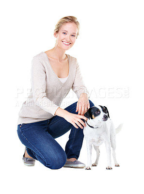 Buy stock photo A gorgeous young woman kneeling next to her Jack Russell