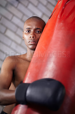 Buy stock photo Sports portrait, punching bag or black man, boxer or fighter training for muay thai contest, kickboxing competition or challenge. Gym, exercise and athlete ready for workout, fitness or boxing fight