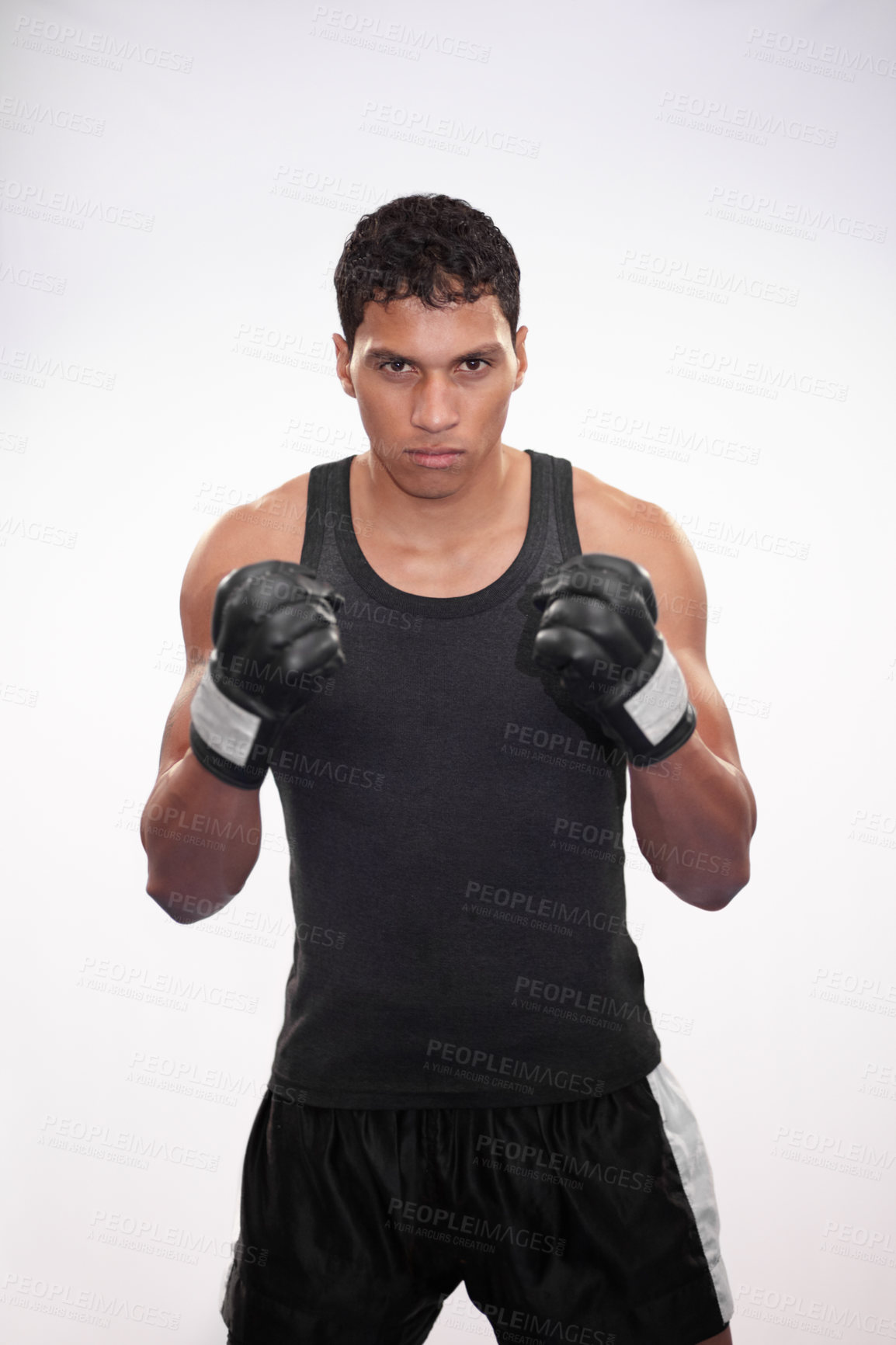 Buy stock photo Portrait, getting ready and a man or boxer for a competition, fitness or training on a white background. Exercise, cardio and a strong male fighter with gloves for a sport, boxing or workout