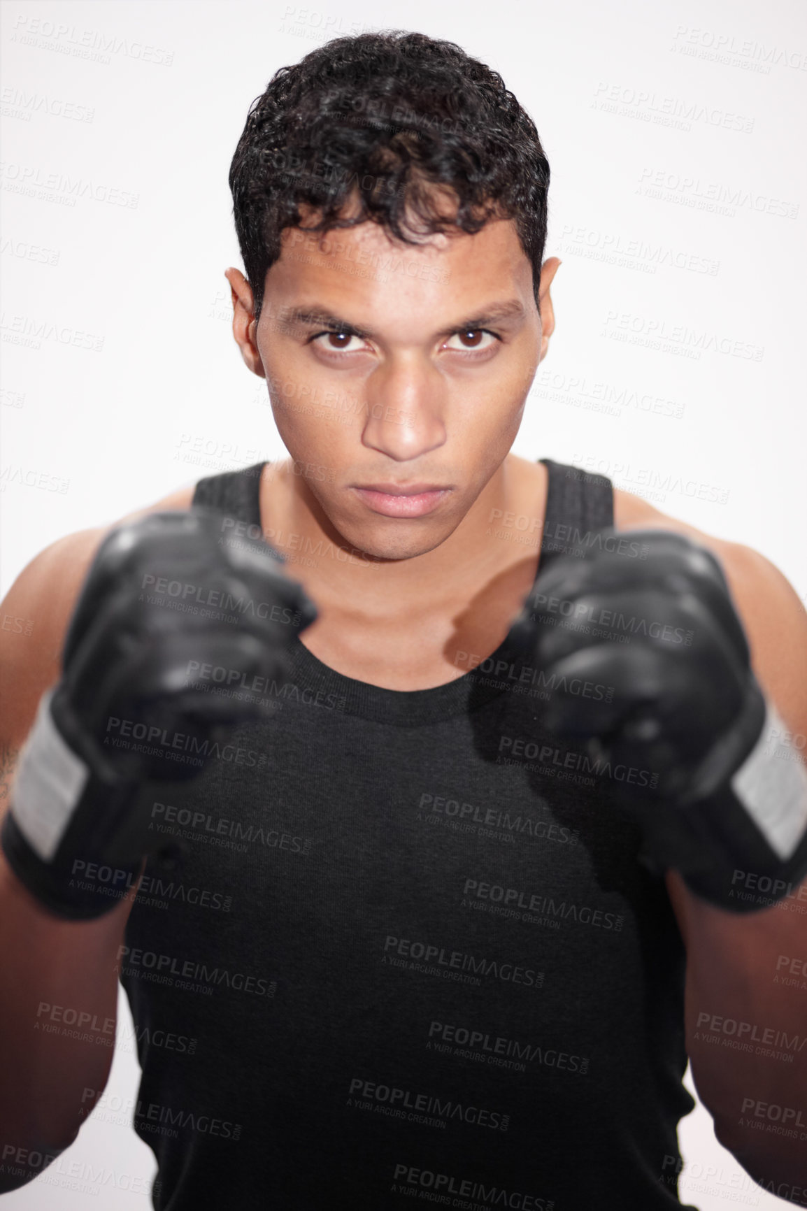 Buy stock photo Portrait, fight and a man or boxer on a white background for a competition, fitness or training for a match. Exercise, cardio and a strong male fighter with gloves for a sport, boxing or workout