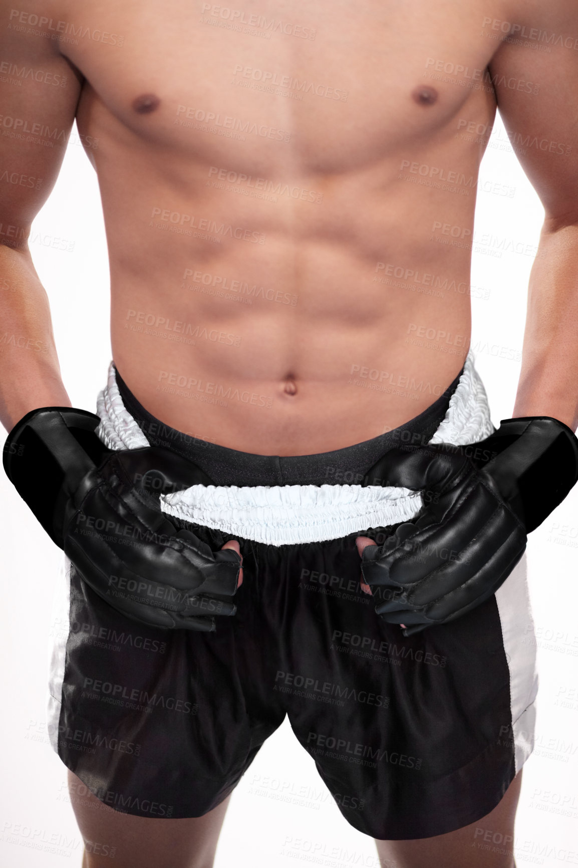Buy stock photo Sports, strong body and mma man, boxer or fighter ready for contest, competition or fighting workout challenge. Abs muscle, torso and studio athlete training, exercise or boxing on white background