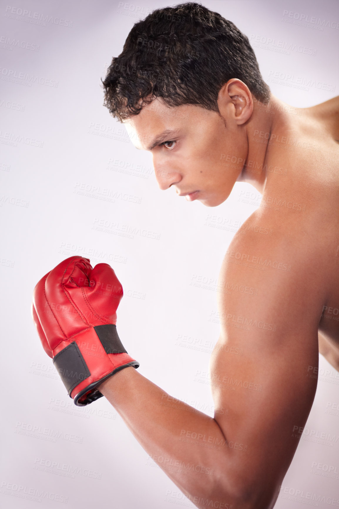 Buy stock photo Man, fighter or gloves white background for boxing strength, sports training or active martial arts. Male person, shirtless or punch arm fist performance for competition, commitment or mma in studio