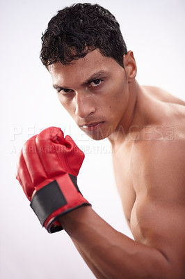 Buy stock photo Man, portrait or boxer white background as fighter strength, sports training or active martial arts. Male person, shirtless or punch arm fist performance for competition, boxing or mma in studio