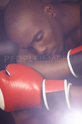 Buy stock photo Fitness, thinking or sad boxer after loss, failure or defeat in combat or sports battle in a boxing ring. Black man, loser or frustrated African fighter feeling bad, depressed or upset with stress