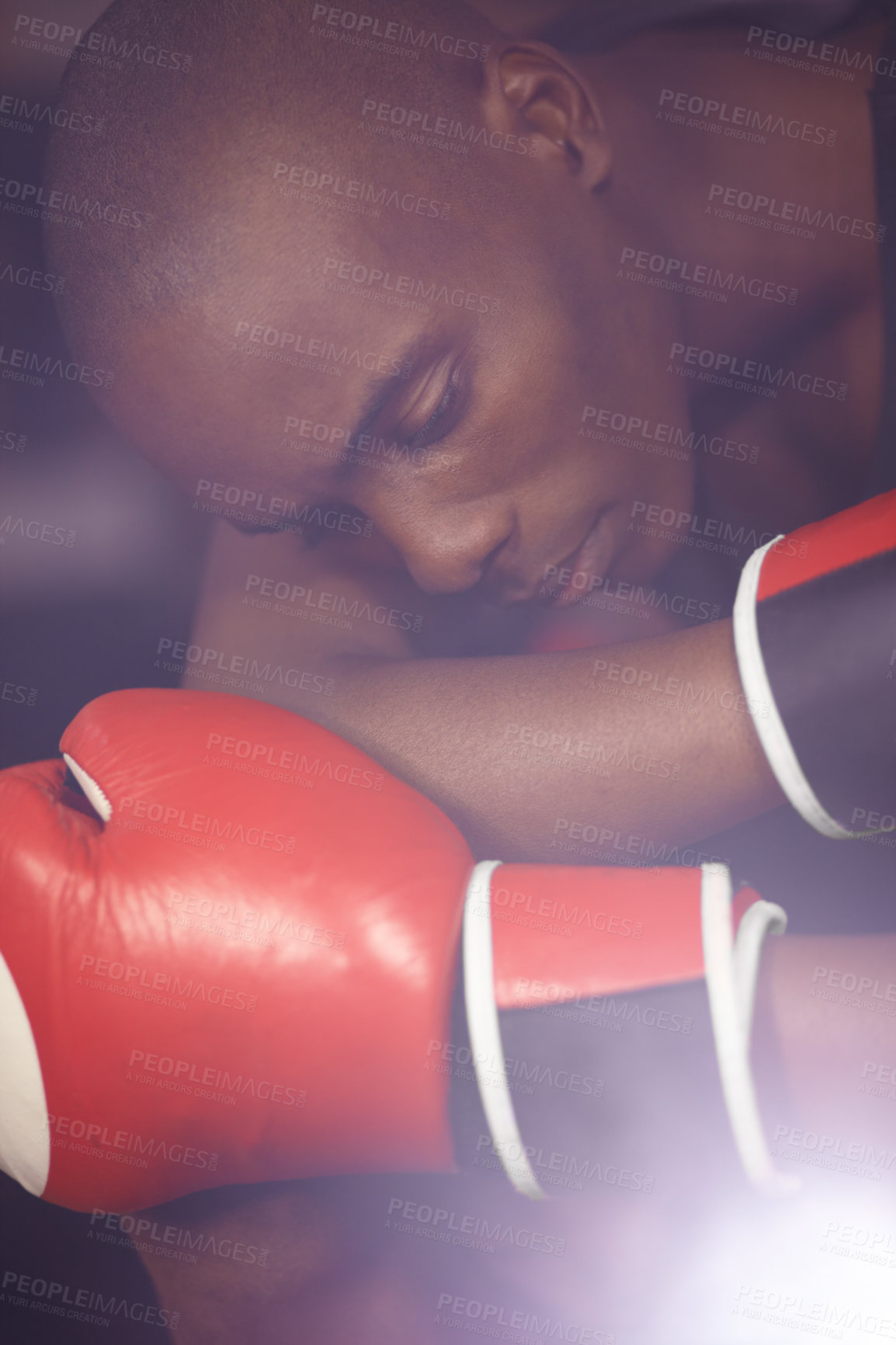 Buy stock photo Fitness, thinking or sad boxer after loss, failure or defeat in combat or sports battle in a boxing ring. Black man, loser or frustrated African fighter feeling bad, depressed or upset with stress