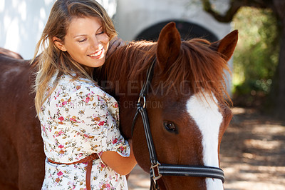 Buy stock photo Happy, love and young woman with her horse on an outdoor farm for sports racing. Smile, training and confident female person from Canada with her equestrian animal or pet in countryside ranch.