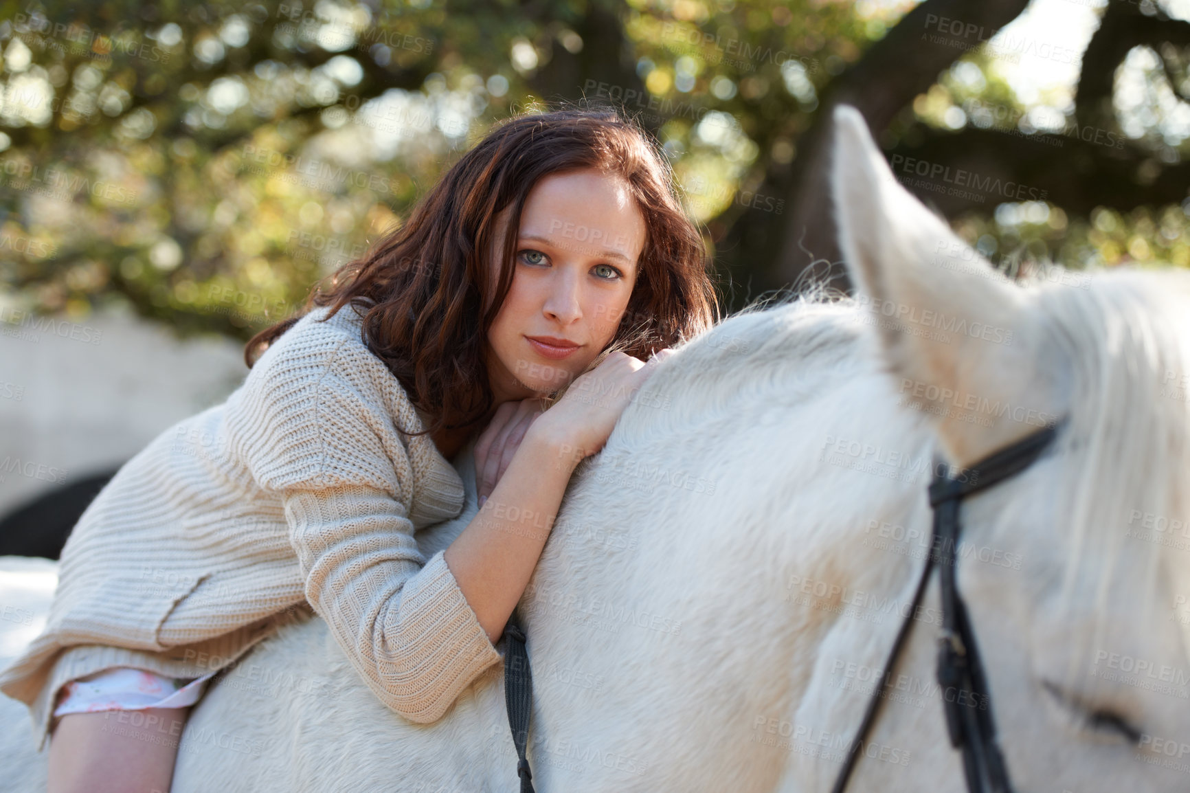 Buy stock photo Nature, portrait and woman laying on her horse on an outdoor farm for sports racing. Smile, happy and young person from Canada with her equestrian animal or pet in countryside ranch for adventure.