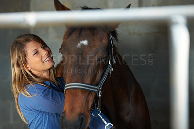 Buy stock photo Smile, stable and young woman with her horse at an outdoor farm for sports racing. Happy, training and confident female person from Canada with her equestrian animal or pet in countryside ranch.
